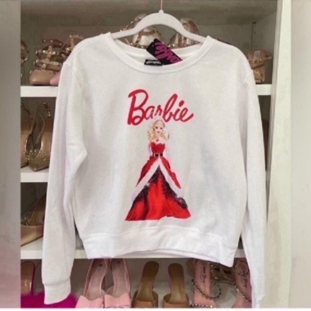 Barbie Doll In Xmas Dress White Crewneck Sweatshirt Juniors Large Nwt — image 4 of 8